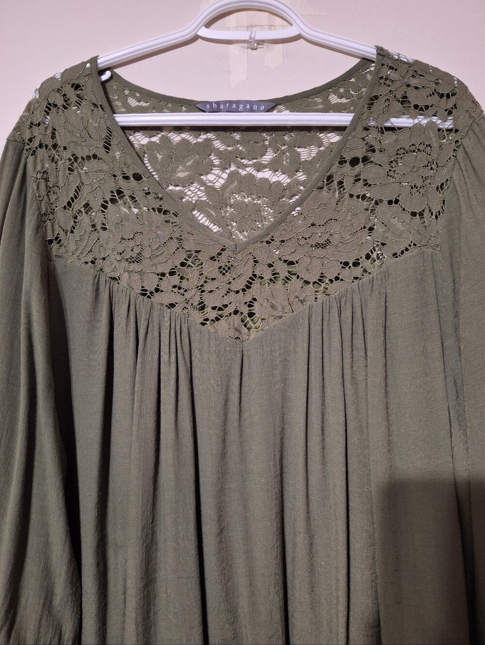 Sharagano Olive Green Floral Lace Yoke Flowy Boho Tunic Dress Plus Size 3X - Picture 7 of 9